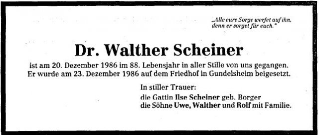 Scheiner Walther 1898-1986 Todesanzeige